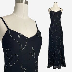 Vintage Y2K Tu-Lips black chiffon abstract heart print maxi slip dress flowy XS